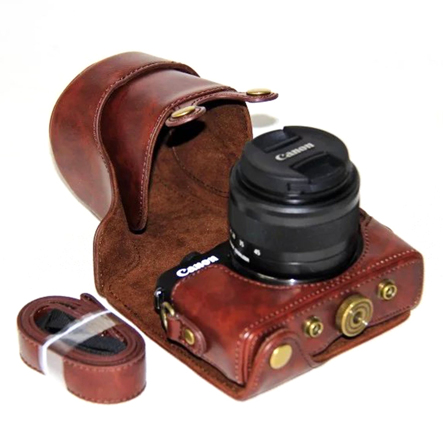 PU Leather Protector Case + Strap for Canon EOSM/EOSM2/EOSM 10 with 15-45mm Lens