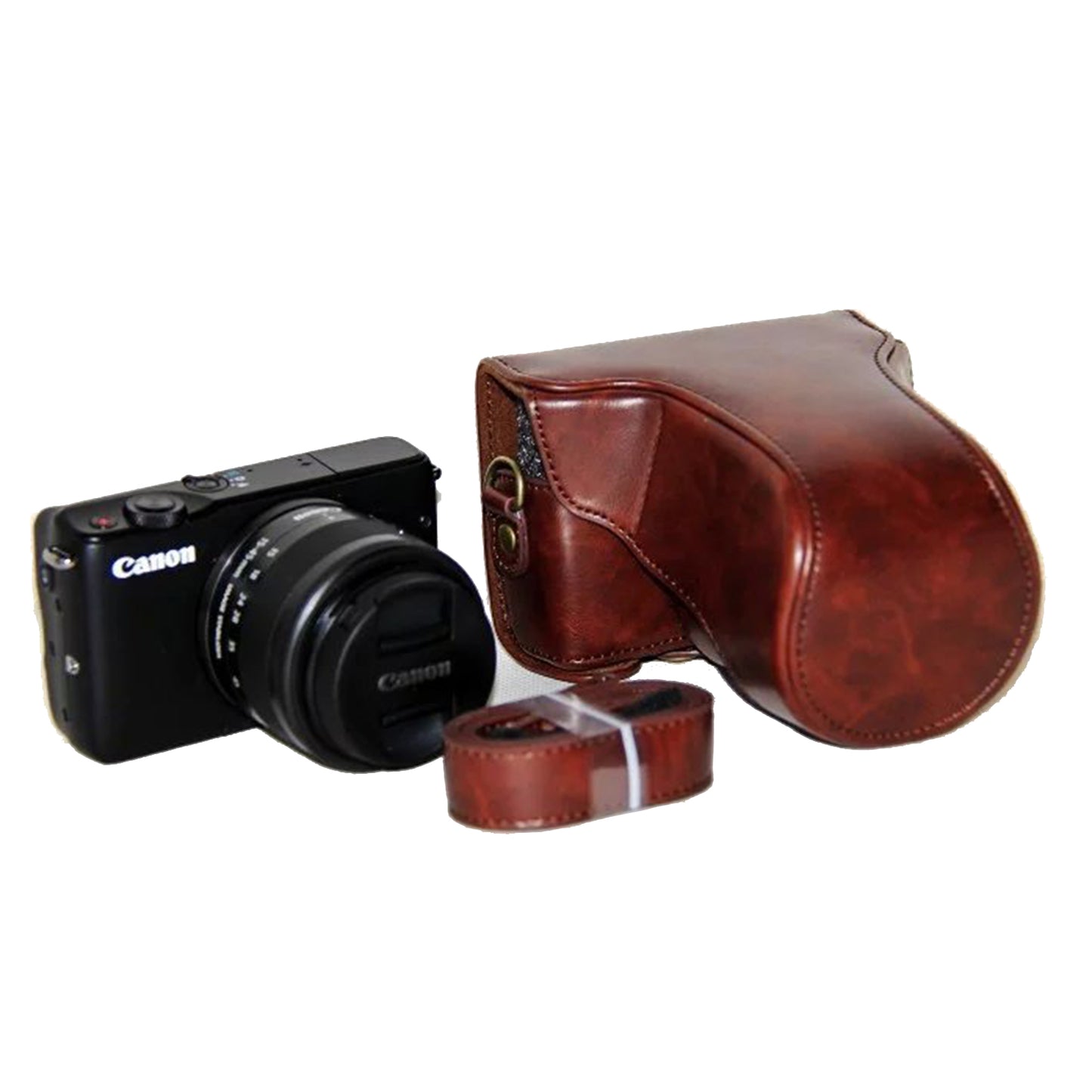 PU Leather Protector Case + Strap for Canon EOSM/EOSM2/EOSM 10 with 15-45mm Lens