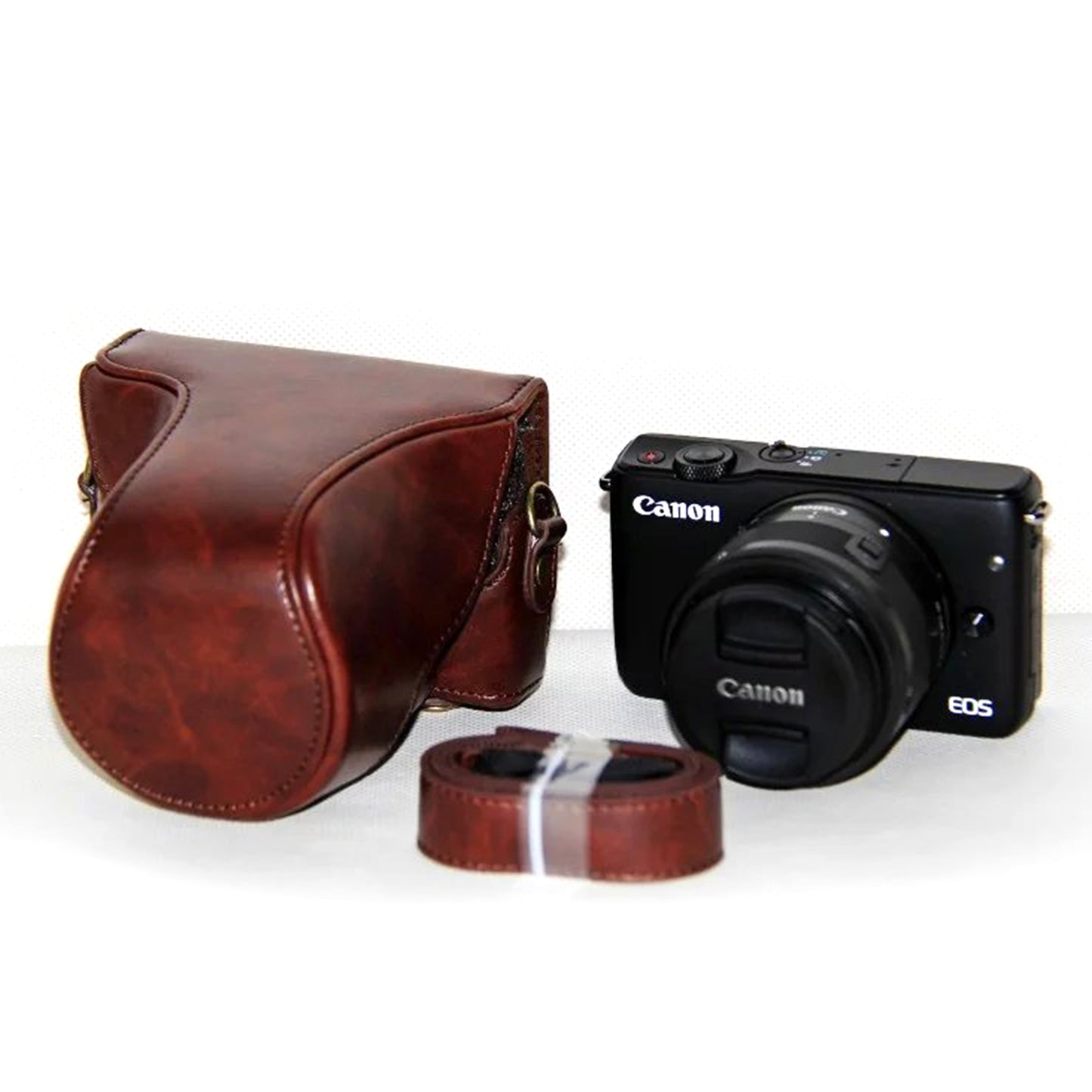 PU Leather Protector Case + Strap for Canon EOSM/EOSM2/EOSM 10 with 15-45mm Lens