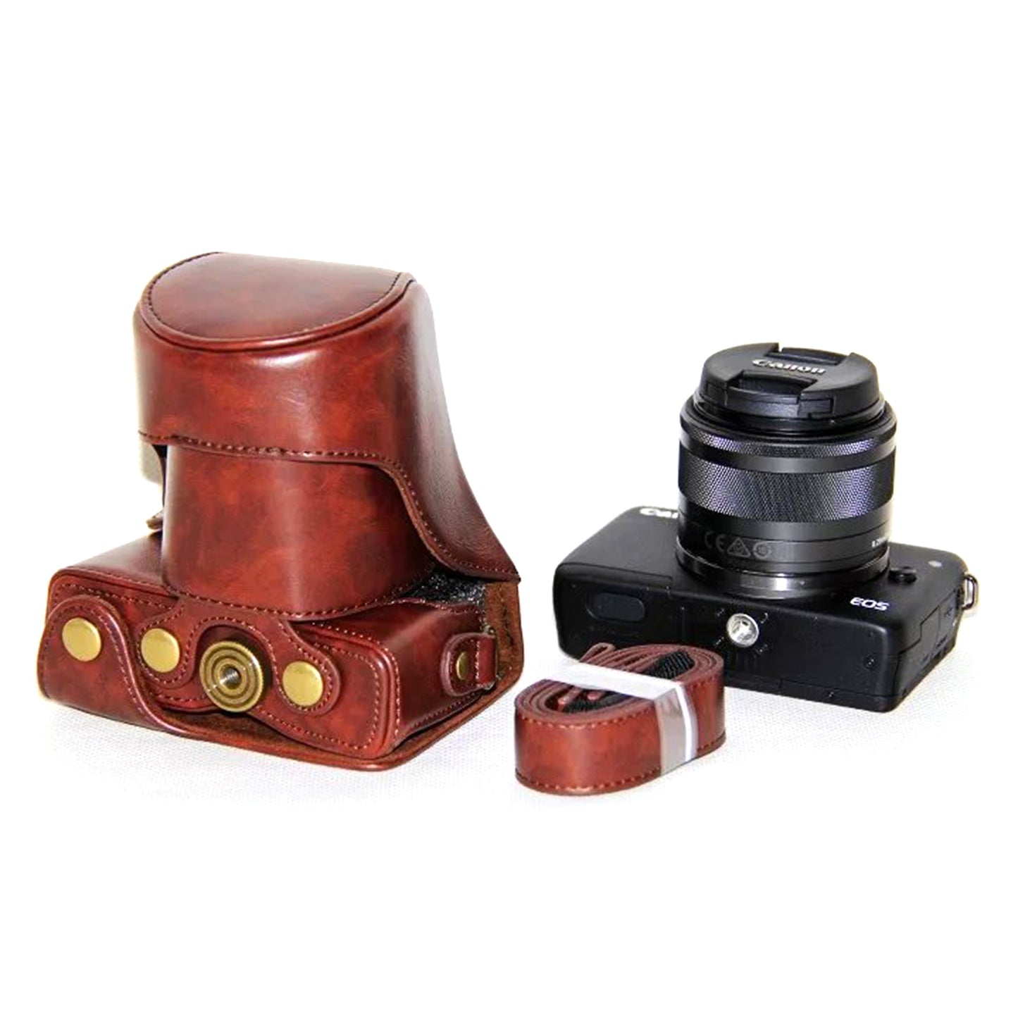 PU Leather Protector Case + Strap for Canon EOSM/EOSM2/EOSM 10 with 15-45mm Lens