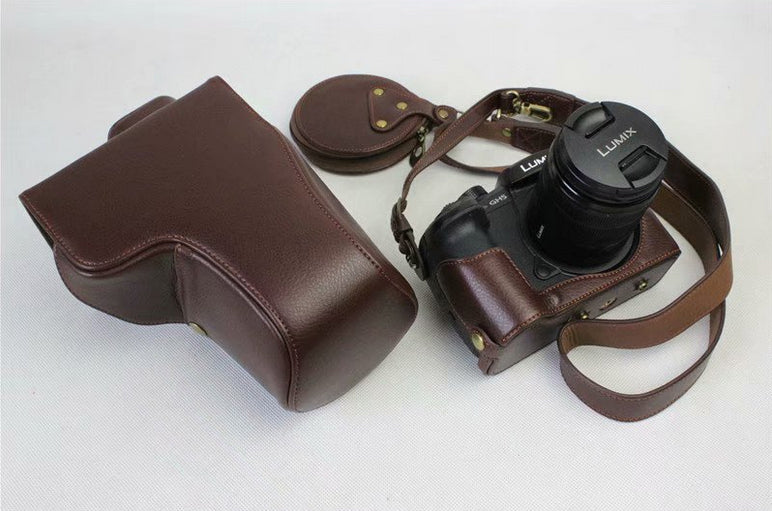 Genuine Leather Protective Case + Strap + Camera Lens Bag for Panasonic DMC-GH5GK Camera with 45-150mm Lens