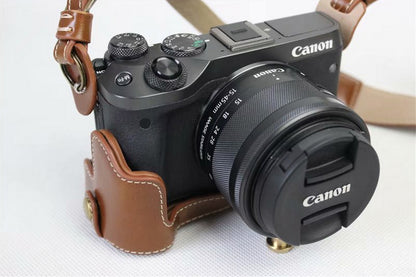 PU Leather Protective Bag + Strap + Camera Lens Bag for Canon EOS M6 with 15-45mm Lens