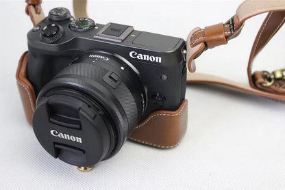 PU Leather Protective Bag + Strap + Camera Lens Bag for Canon EOS M6 with 15-45mm Lens