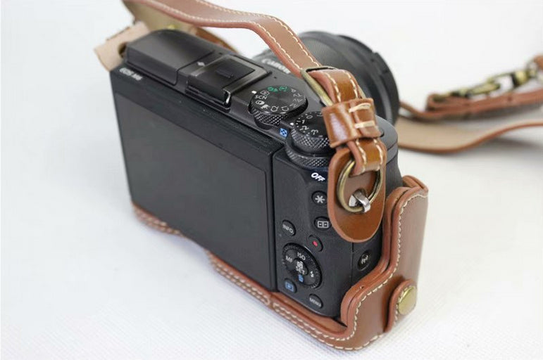 PU Leather Protective Bag + Strap + Camera Lens Bag for Canon EOS M6 with 15-45mm Lens