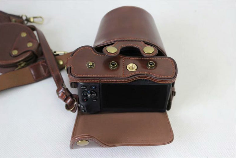 PU Leather Protective Bag + Strap + Camera Lens Bag for Canon EOS M6 with 15-45mm Lens