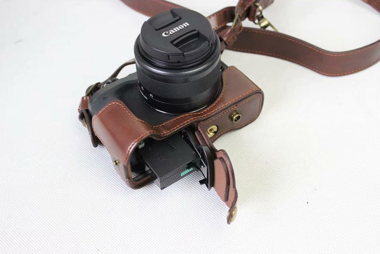 PU Leather Protective Bag + Strap + Camera Lens Bag for Canon EOS M6 with 15-45mm Lens