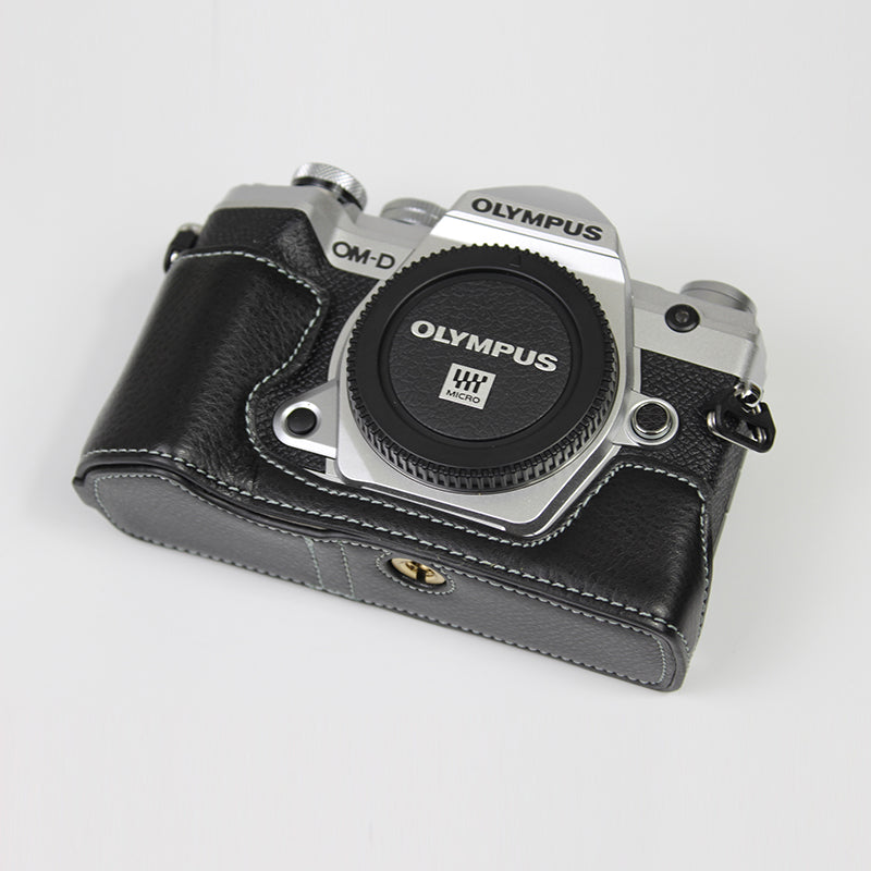 Genuine Leather Half Bottom Camera Protective Case Bag for for Olympus E-M5 Mark III