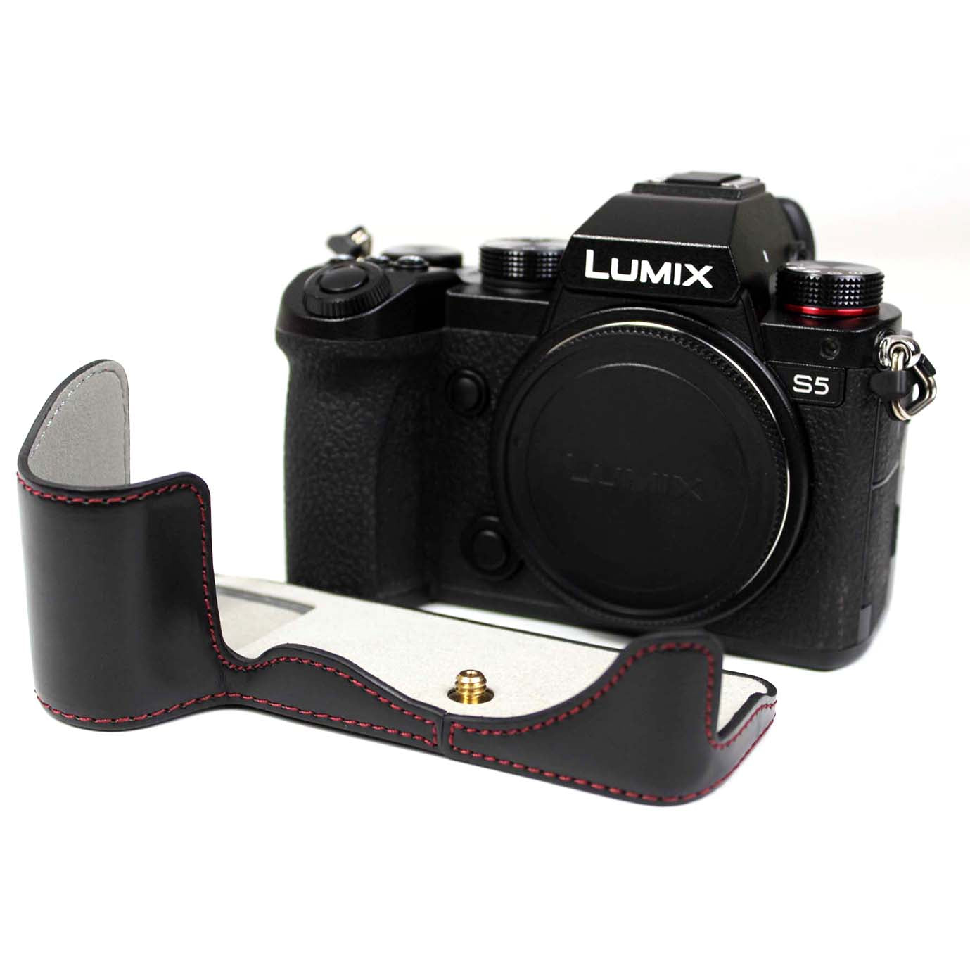 PU Leather Camera Half Case Bottom Cover with Battery Opening for Panasonic Lumix S5