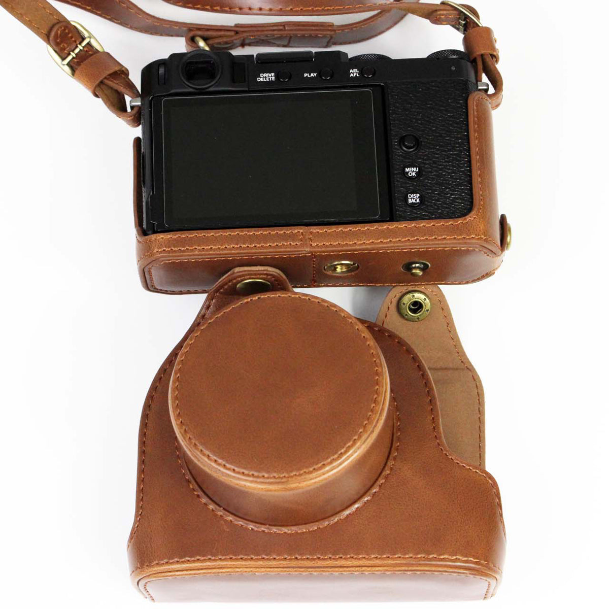 PU Leather Camera Bag Case Lens Protective Cover with Battery Opening Shoulder Strap for Fuji X-E4