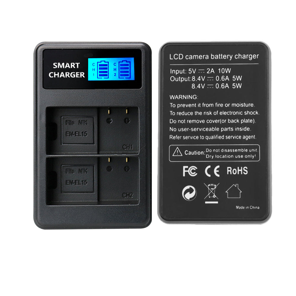 EN-EL15 Battery 2-Bay USB Charger with LCD Display for Nikon D7000 D800 D800E D600 V1