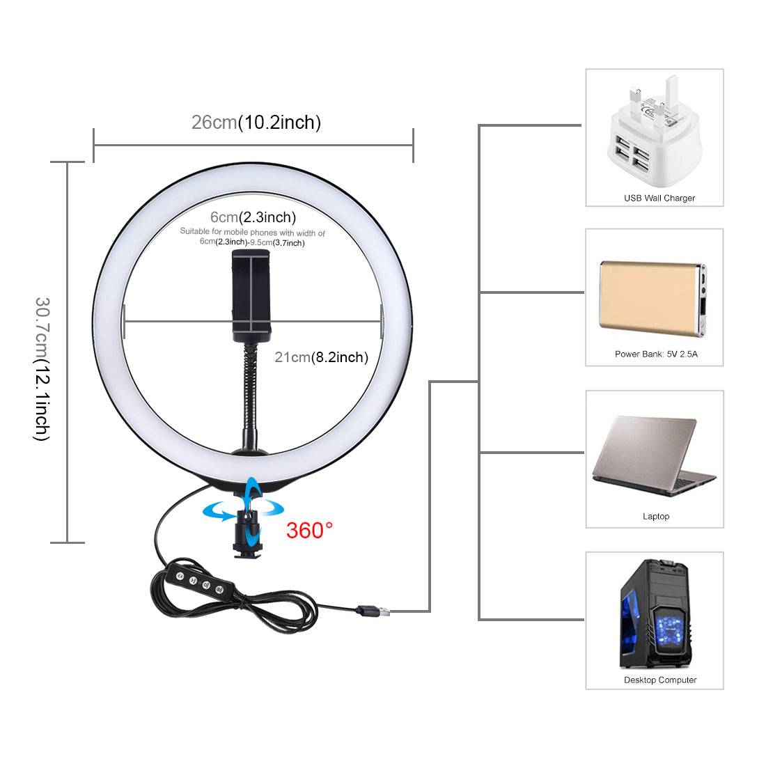 PULUZ PU397 10-inch 3 Modes Dimmable LED Ring Photography Video Light with Mobile Phone Clip for Vlogging