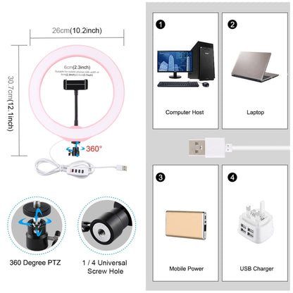 PULUZ PU397 10-inch 3 Modes Dimmable LED Ring Photography Video Light with Mobile Phone Clip for Vlogging