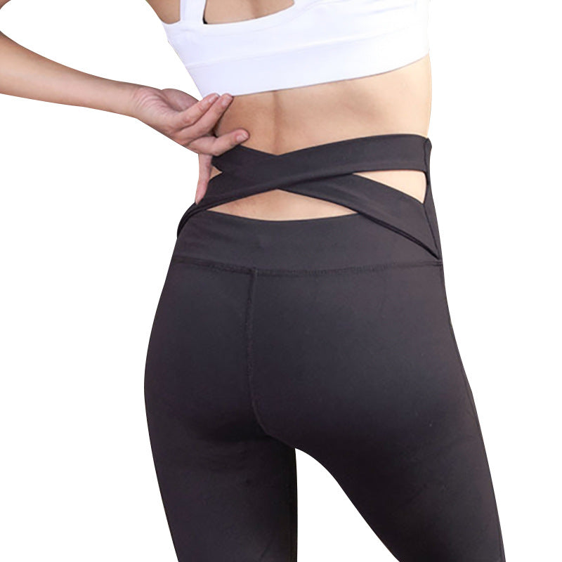 Women High Waist Yoga Fitness Sports Tights Pants Cross Back Stretchy Workout Trousers