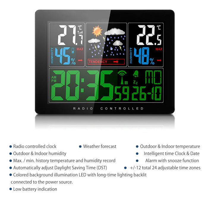 Temperature Humidity Wireless Weather Forecast Station Alarm and Snooze Thermometer Hygrometer Clock