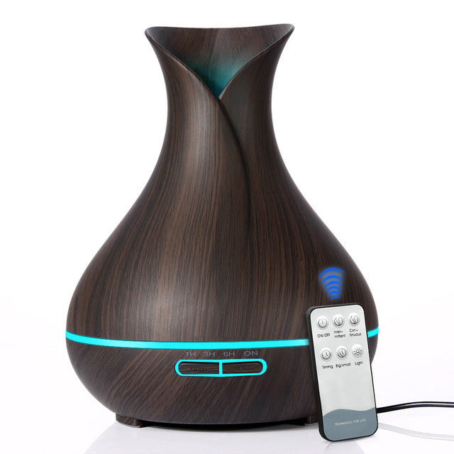 550ML Wood Grain Air Humidifier Vase Shape Mute Aroma Essential Oil Diffuser with Remote Control