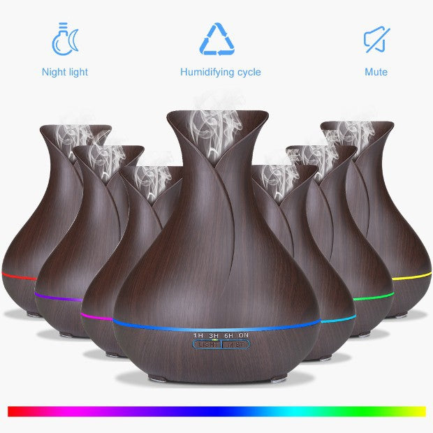 550ML Wood Grain Air Humidifier Vase Shape Mute Aroma Essential Oil Diffuser with Remote Control