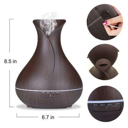 550ML Wood Grain Air Humidifier Vase Shape Mute Aroma Essential Oil Diffuser with Remote Control