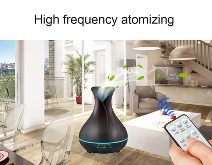 550ML Wood Grain Air Humidifier Vase Shape Mute Aroma Essential Oil Diffuser with Remote Control