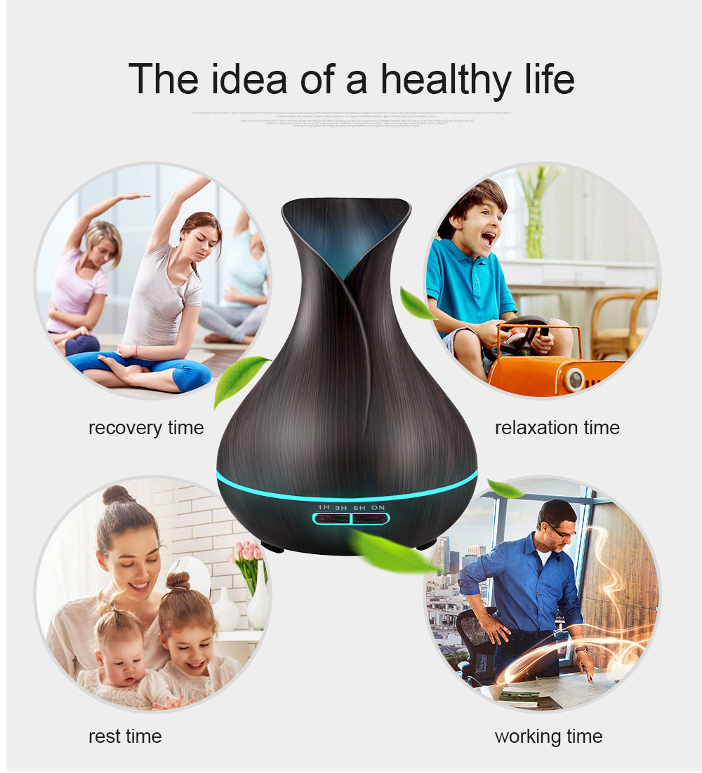 550ML Wood Grain Air Humidifier Vase Shape Mute Aroma Essential Oil Diffuser with Remote Control