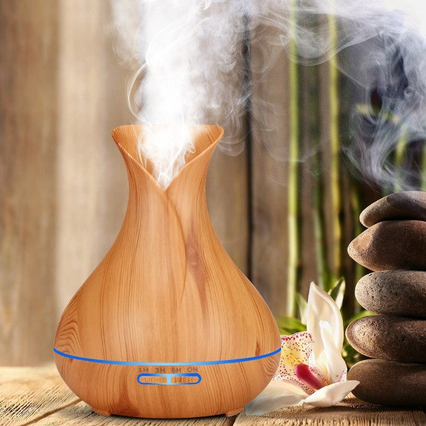 550ML Wood Grain Air Humidifier Vase Shape Mute Aroma Essential Oil Diffuser with Remote Control