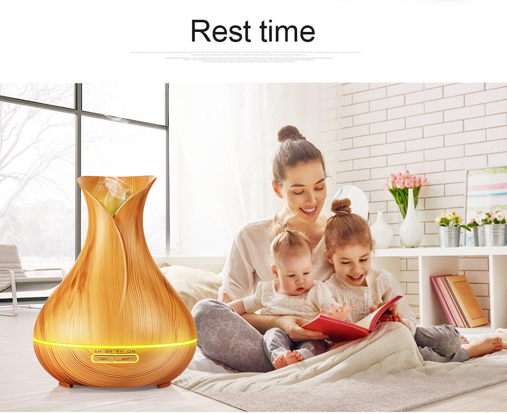 550ML Wood Grain Air Humidifier Vase Shape Mute Aroma Essential Oil Diffuser with Remote Control