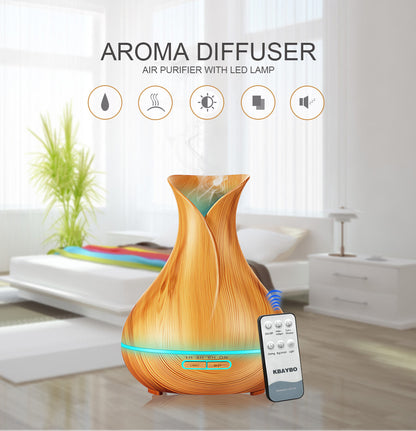 550ML Wood Grain Air Humidifier Vase Shape Mute Aroma Essential Oil Diffuser with Remote Control