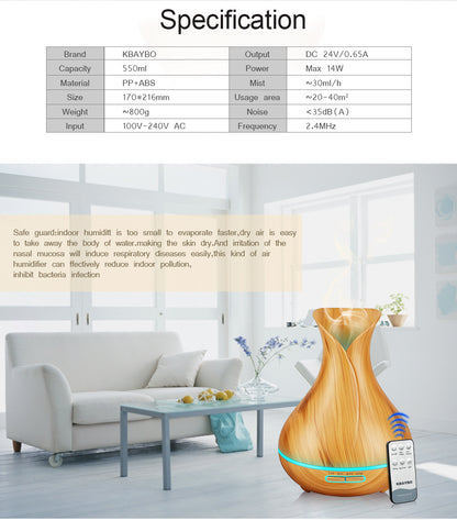 550ML Wood Grain Air Humidifier Vase Shape Mute Aroma Essential Oil Diffuser with Remote Control