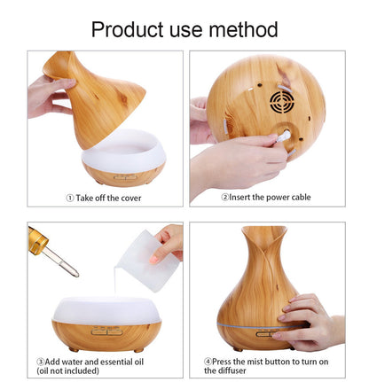 550ML Wood Grain Air Humidifier Vase Shape Mute Aroma Essential Oil Diffuser with Remote Control