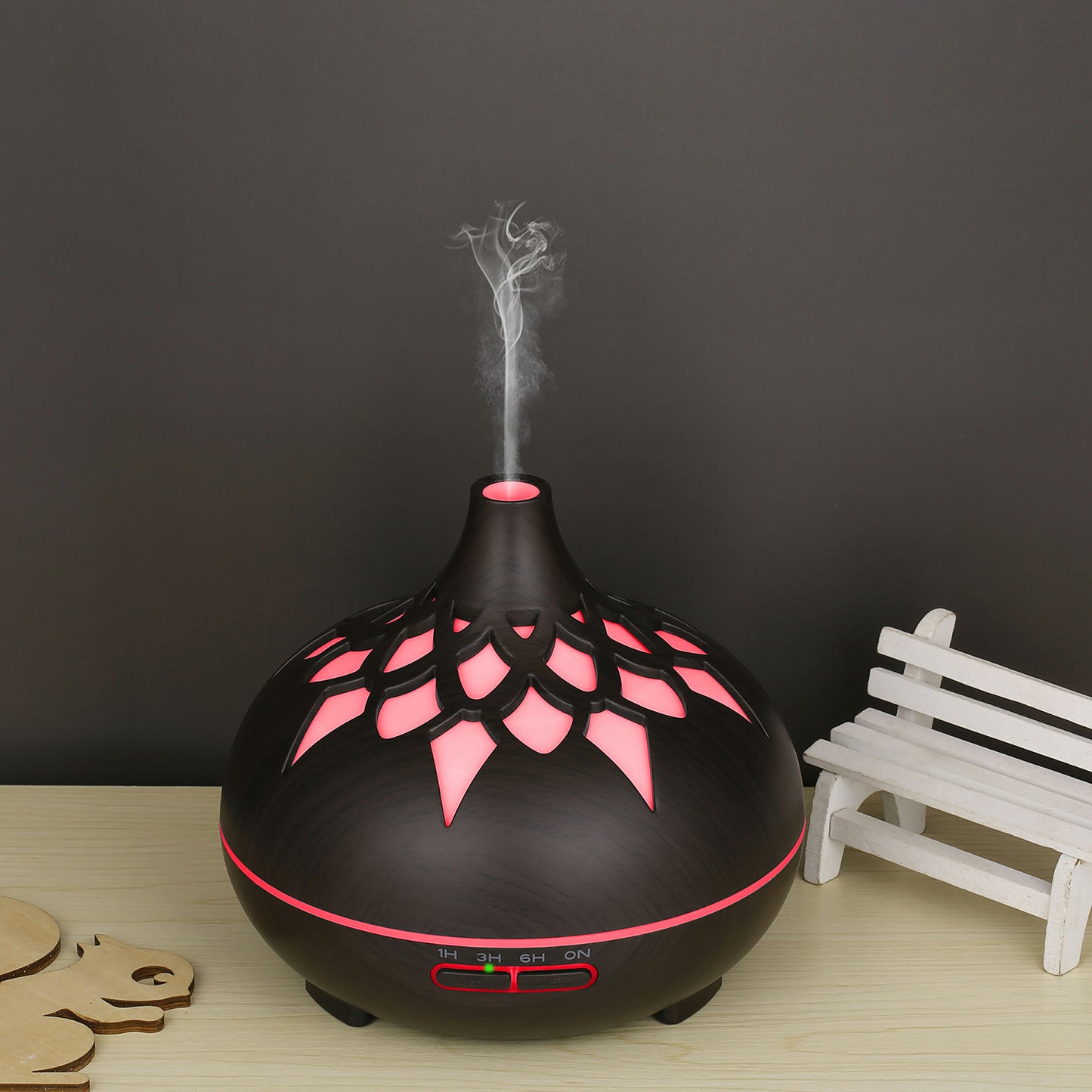 350ML Wood Grain Hollow Design Aroma Humidifier Ultrasonic Cool Mist Humidifier with 7 Color Lights