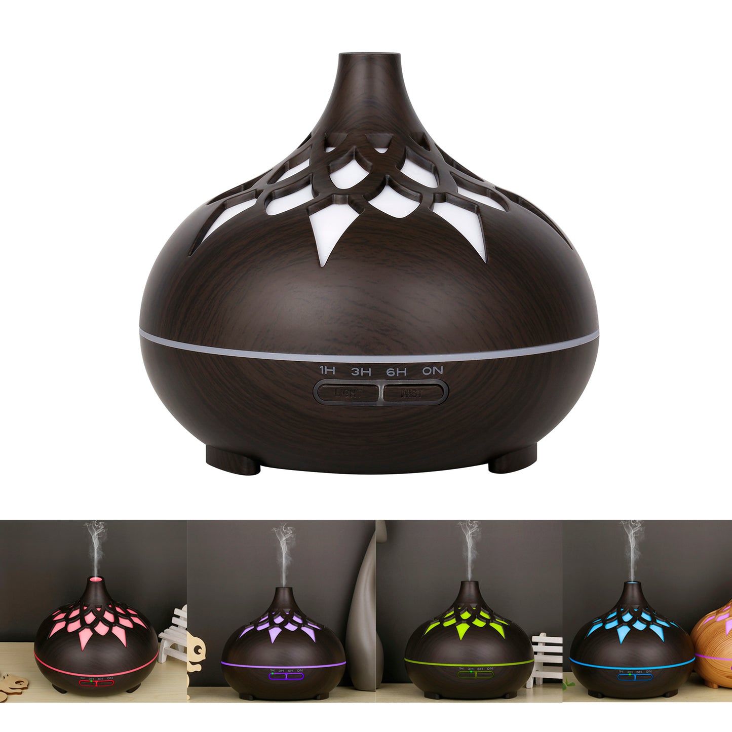 350ML Wood Grain Hollow Design Aroma Humidifier Ultrasonic Cool Mist Humidifier with 7 Color Lights