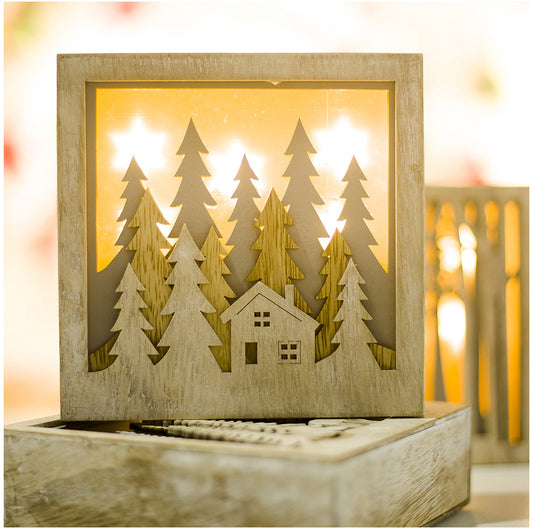 Xmas LED Light Square Box Christmas Ornaments Wooden Christmas Closet Decoration