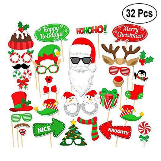 32PCS/Set Christmas Photo Booth Props Moustache Wineglass Glasses DIY Kit