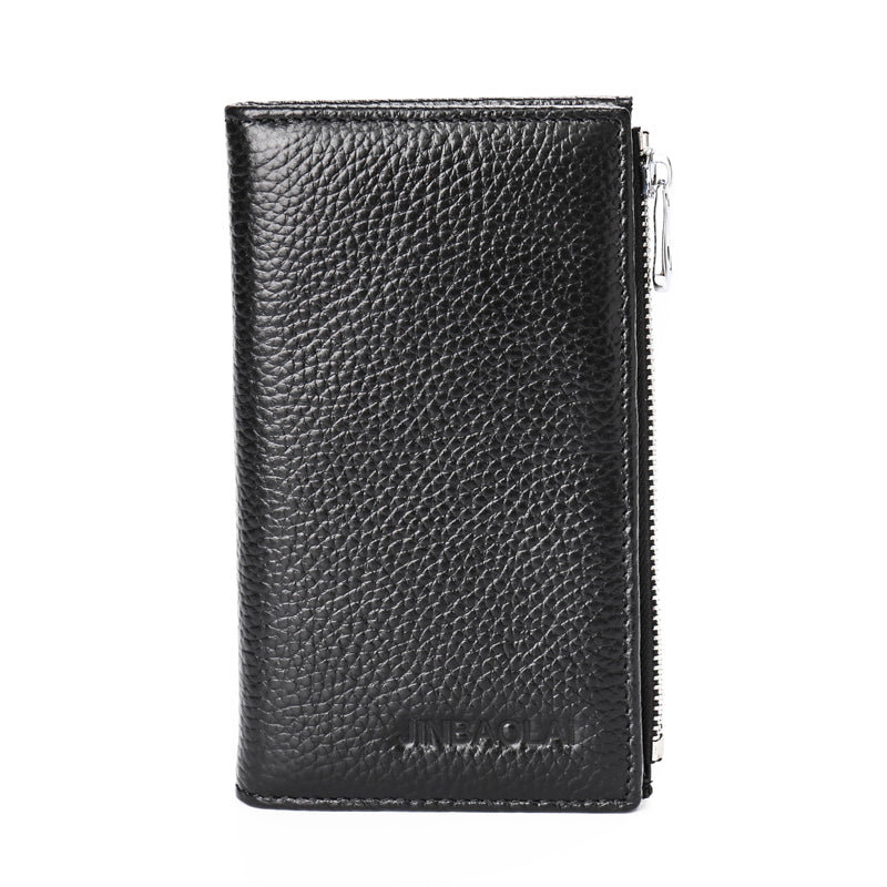 JINBAOLAI Vintage Litchi Texture Genuine Leather Zippered Wallet for Men