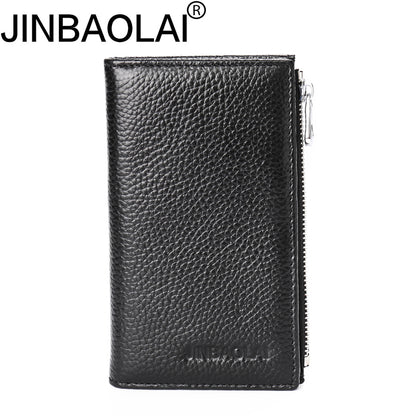 JINBAOLAI Vintage Litchi Texture Genuine Leather Zippered Wallet for Men