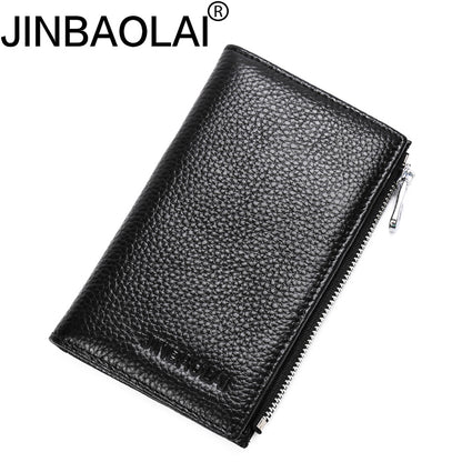 JINBAOLAI Vintage Litchi Texture Genuine Leather Zippered Wallet for Men