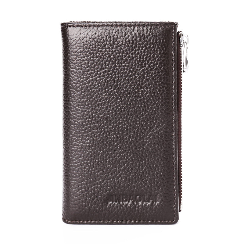 JINBAOLAI Vintage Litchi Texture Genuine Leather Zippered Wallet for Men