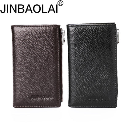 JINBAOLAI Vintage Litchi Texture Genuine Leather Zippered Wallet for Men