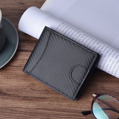 Carbon Fibre Texture RFID Blocking Men Wallet Genuine Leather Bi-fold Purse