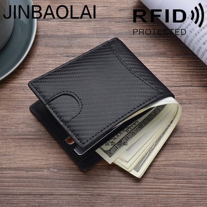 Carbon Fibre Texture RFID Blocking Men Wallet Genuine Leather Bi-fold Purse