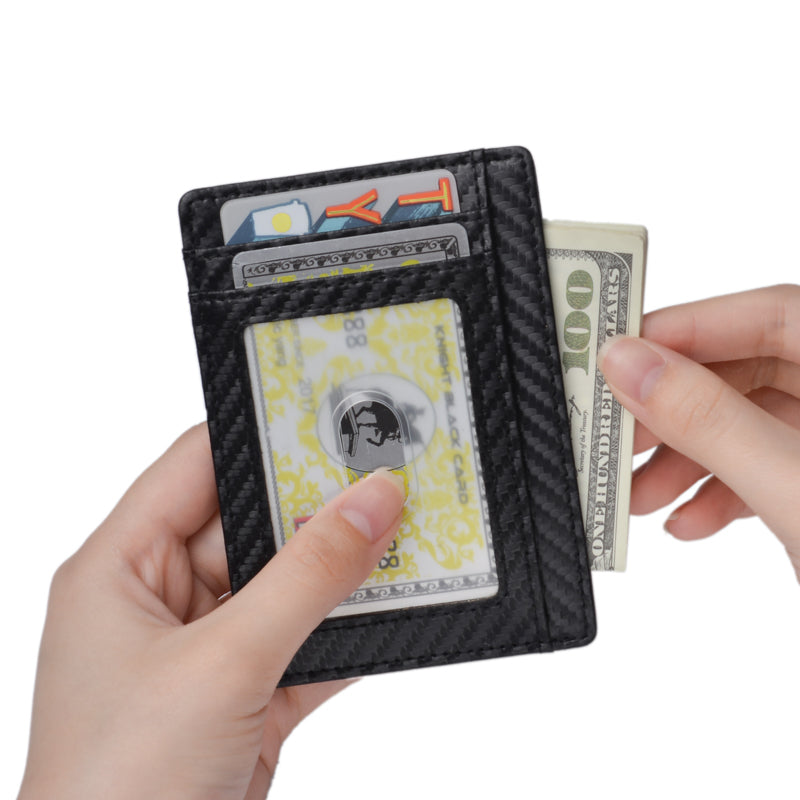 Carbon Fiber Texture Anti-magnetic RFID Genuine Leather Wallet Card Holder Bag Case