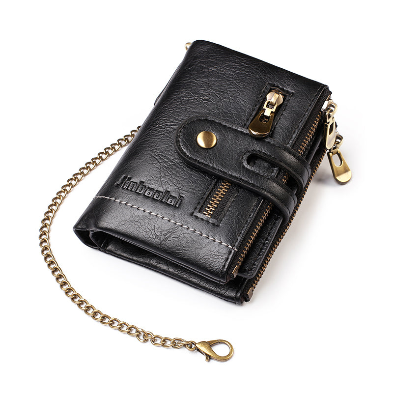 Retro Double Zipper Multi Card Slots Wallet Snap Button Coin Purse with Metal Chain