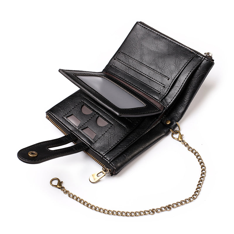 Retro Double Zipper Multi Card Slots Wallet Snap Button Coin Purse with Metal Chain