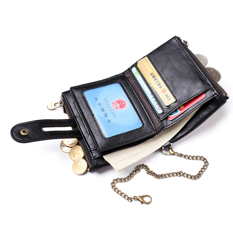 Retro Double Zipper Multi Card Slots Wallet Snap Button Coin Purse with Metal Chain