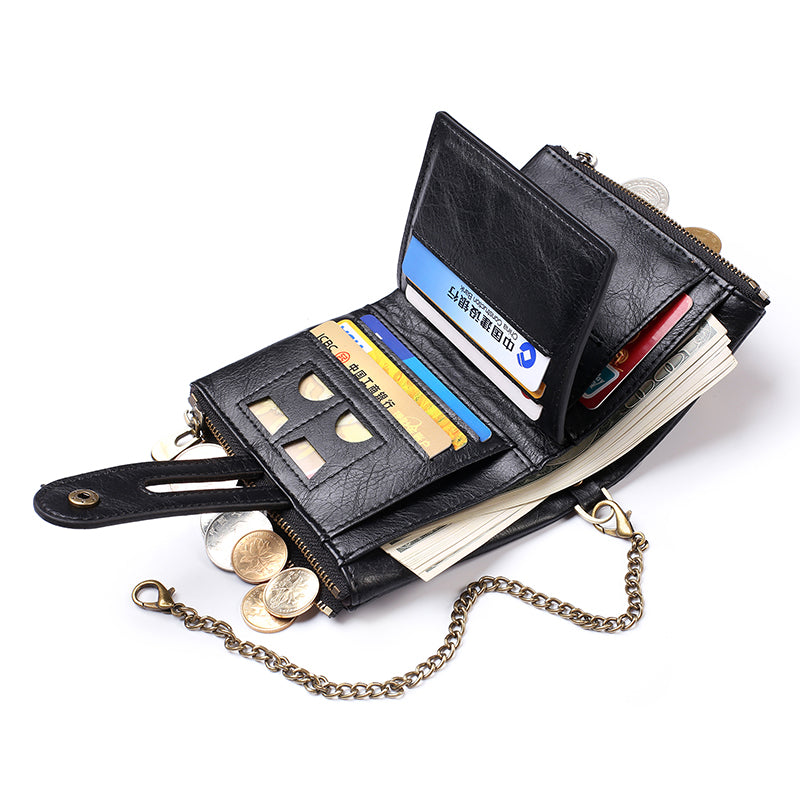 Retro Double Zipper Multi Card Slots Wallet Snap Button Coin Purse with Metal Chain