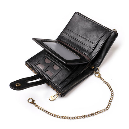 Multi Card Slots Zipper Pouch Wallet Snap Button Design PU Leather Coin Purse with Metal Chain