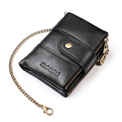 Multi Card Slots Zipper Pouch Wallet Snap Button Design PU Leather Coin Purse with Metal Chain