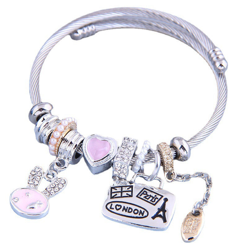 805 Cartoon Rabbit Heart Charm Bracelet Adjustable Stainless Steel Open Bangle with Rhinestone Decor