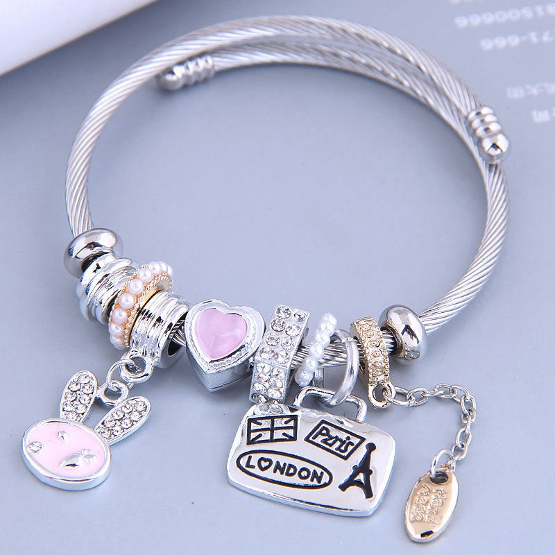 805 Cartoon Rabbit Heart Charm Bracelet Adjustable Stainless Steel Open Bangle with Rhinestone Decor