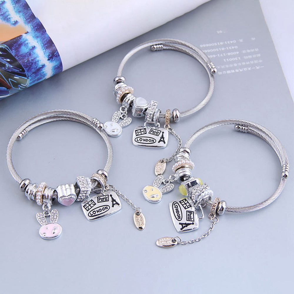 805 Cartoon Rabbit Heart Charm Bracelet Adjustable Stainless Steel Open Bangle with Rhinestone Decor