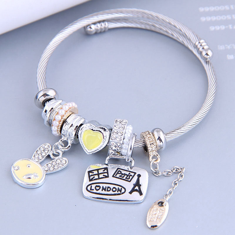 805 Cartoon Rabbit Heart Charm Bracelet Adjustable Stainless Steel Open Bangle with Rhinestone Decor